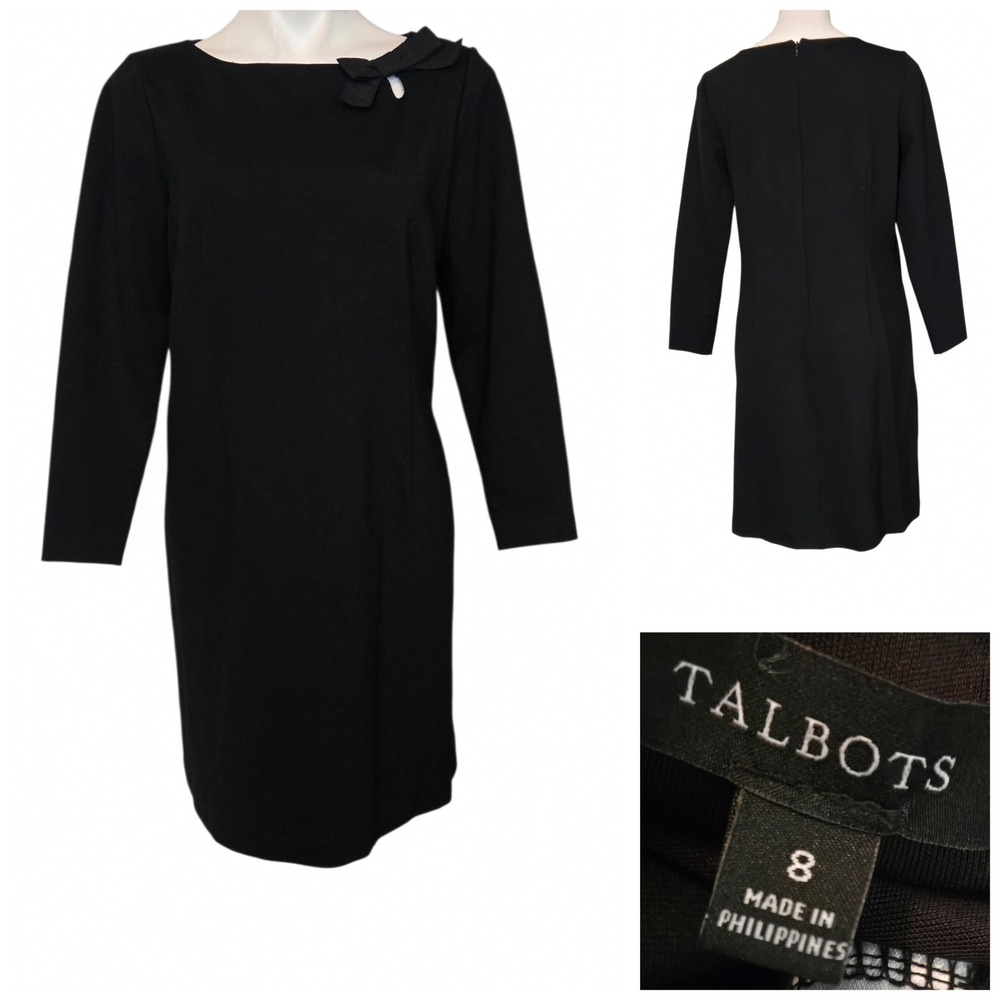 Talbots Black Long Sleeve Bow Shoulder Sheath Dress Size 8 Ponte Knit LBD